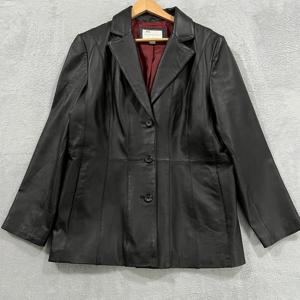 VTG WORTHINGTON Leather Jacket Women's XL Y2K 90s Button Front Black